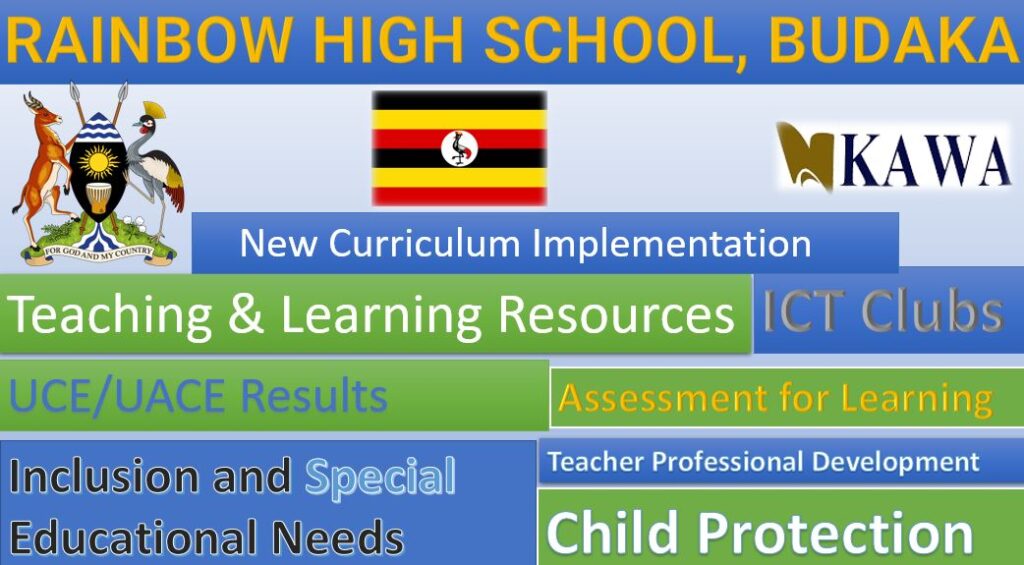 Rainbow High School, Budaka New Curriculum Implementation, Teaching and Learning Resources, ICT Club, and Staff Professional Development.